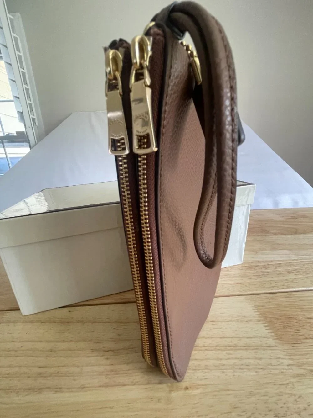 Coach Brown Pebble Leather Double Zip Wristlet Wallet F87587